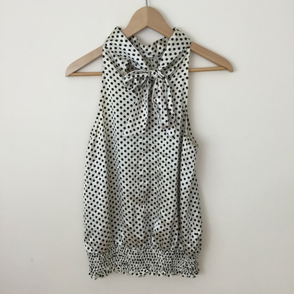FOREVER 21 Y2K White Black Polka Dot Satin Halter Neck Smocked Hem Tank Top - Picture 4 of 7